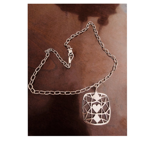 Handmade paperclip chain w hand carved pendant and clasp in .925 sterling silver