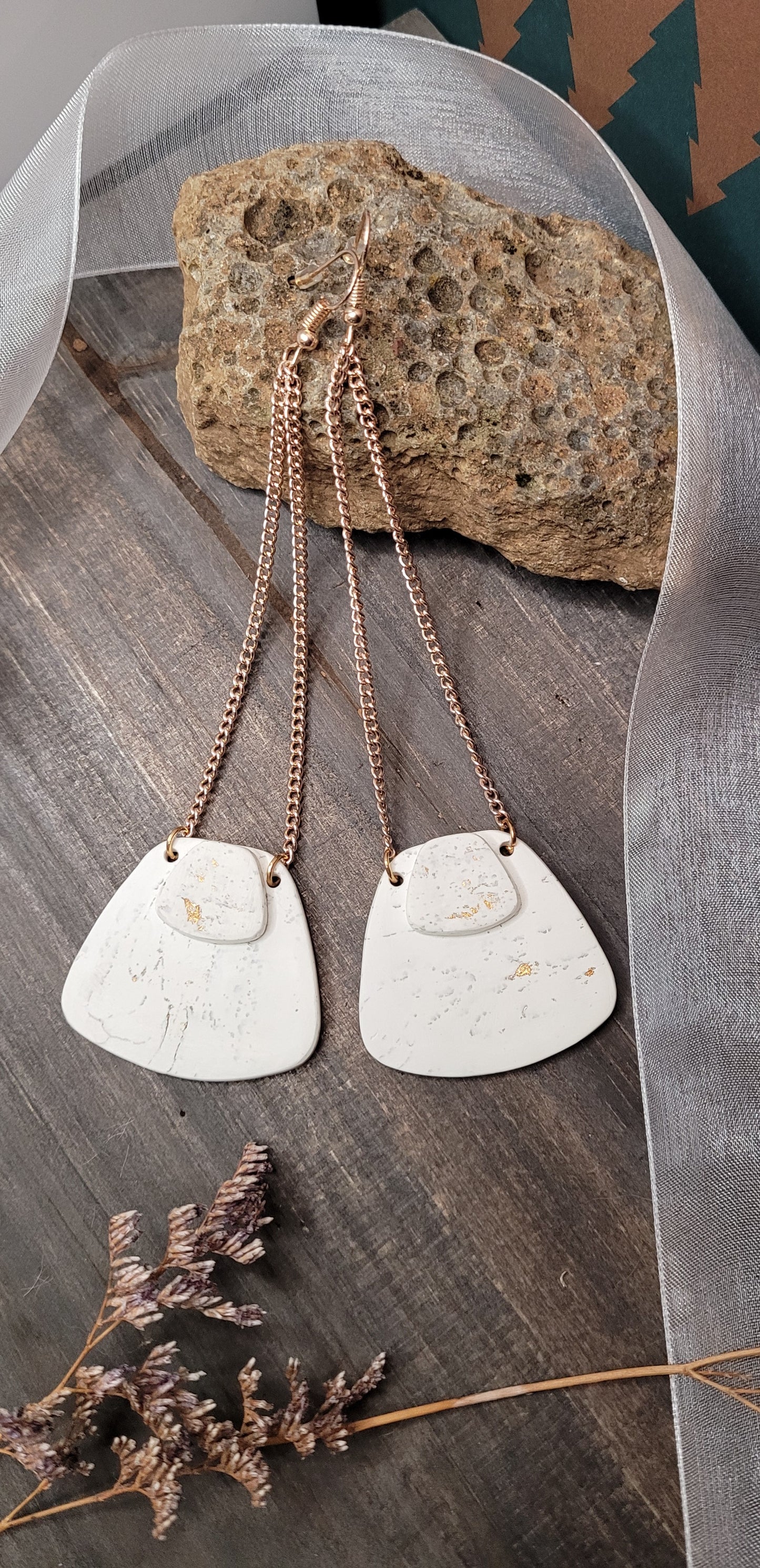 Big Drop Everest White and Gold Discotech Dangle Earrings