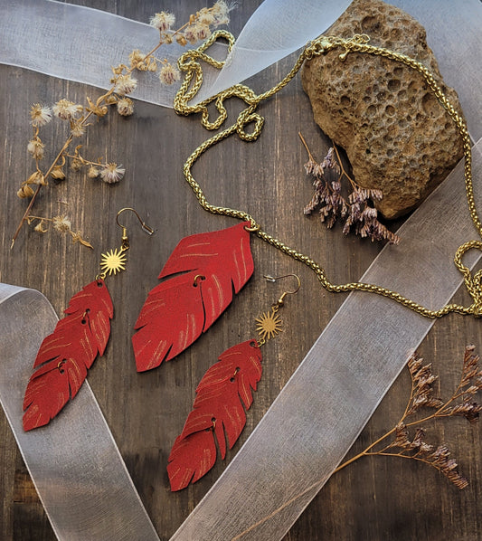 feathers in suede with very light touches of gold. The rope necklace is 18k gold plated. This is a very light thin suede material.