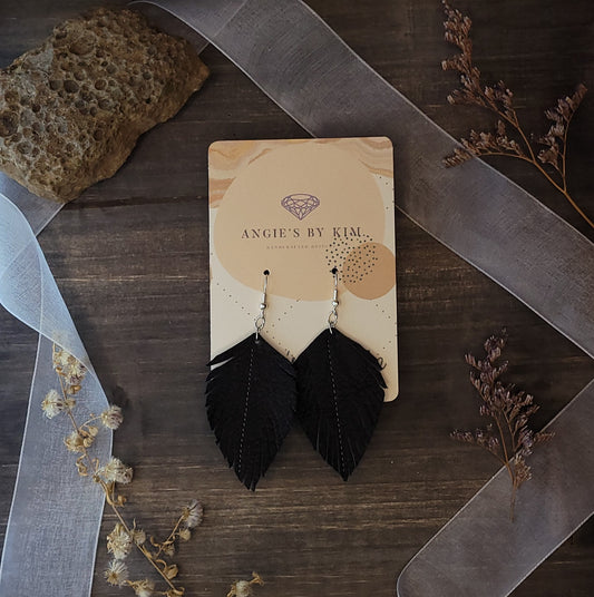 Black Leather Handmade Feather Earrings