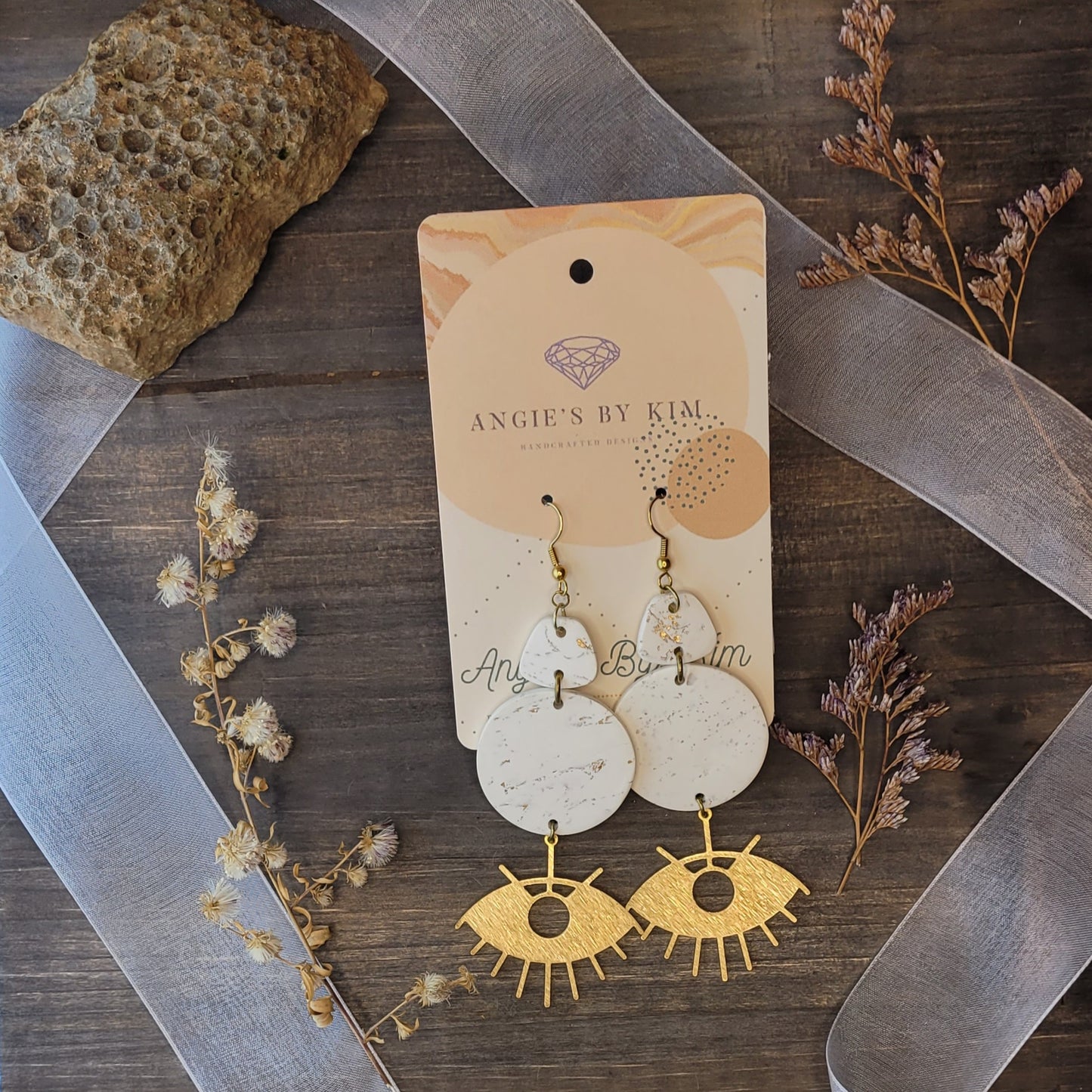 White and Gold Everest Fancy Eyes Dangle Earrings
