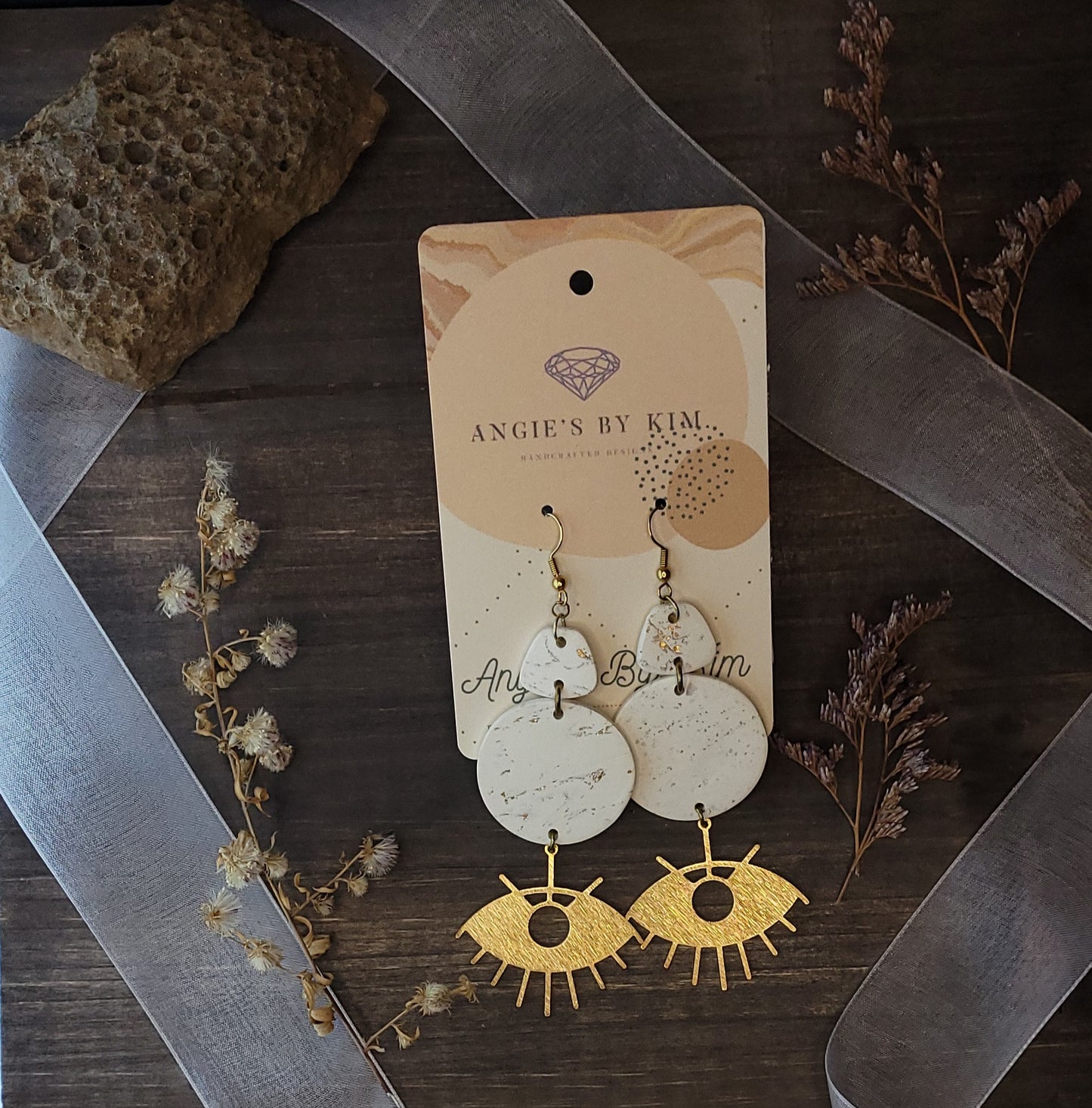 White and Gold Everest Fancy Eyes Dangle Earrings