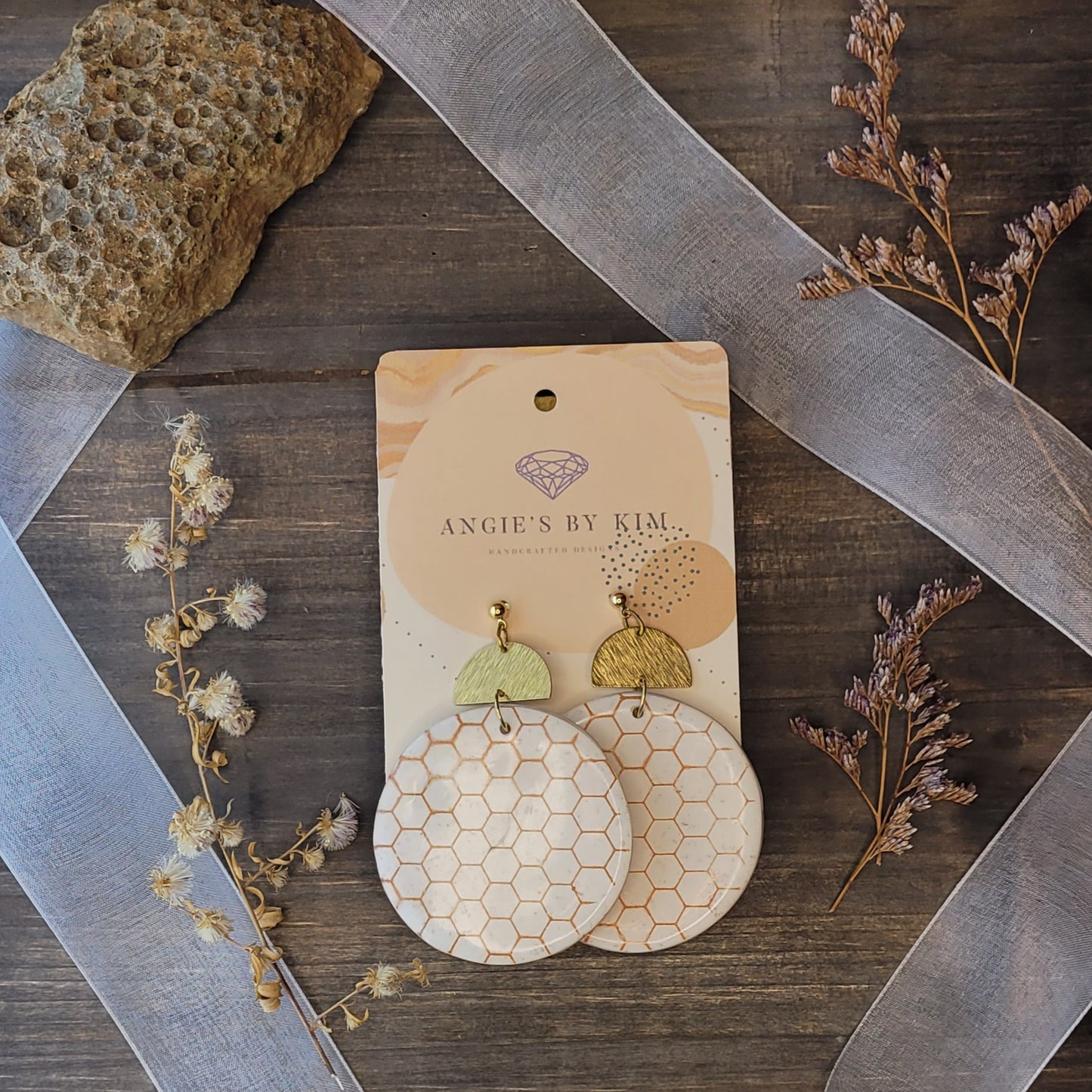 Everest White and Gold Honeycomb Dangle Earrings