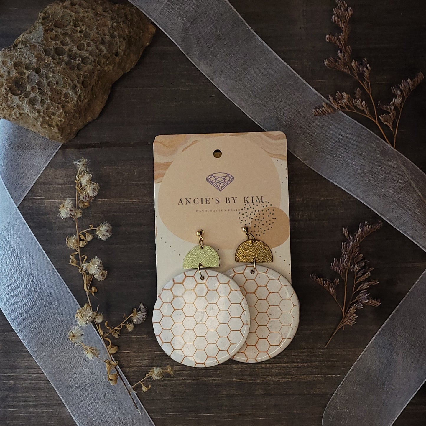 Everest White and Gold Honeycomb Dangle Earrings