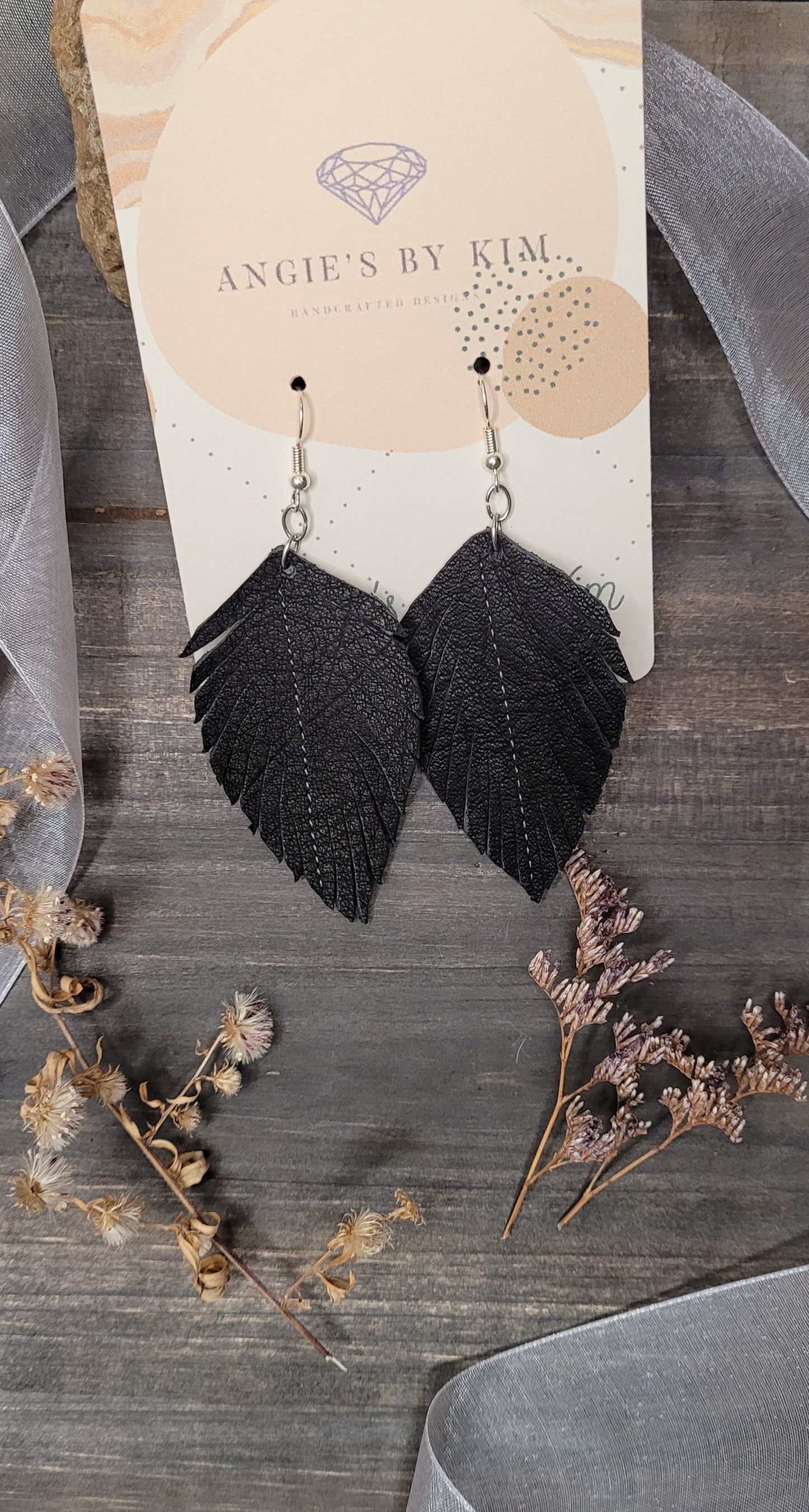 Black Leather Handmade Feather Earrings