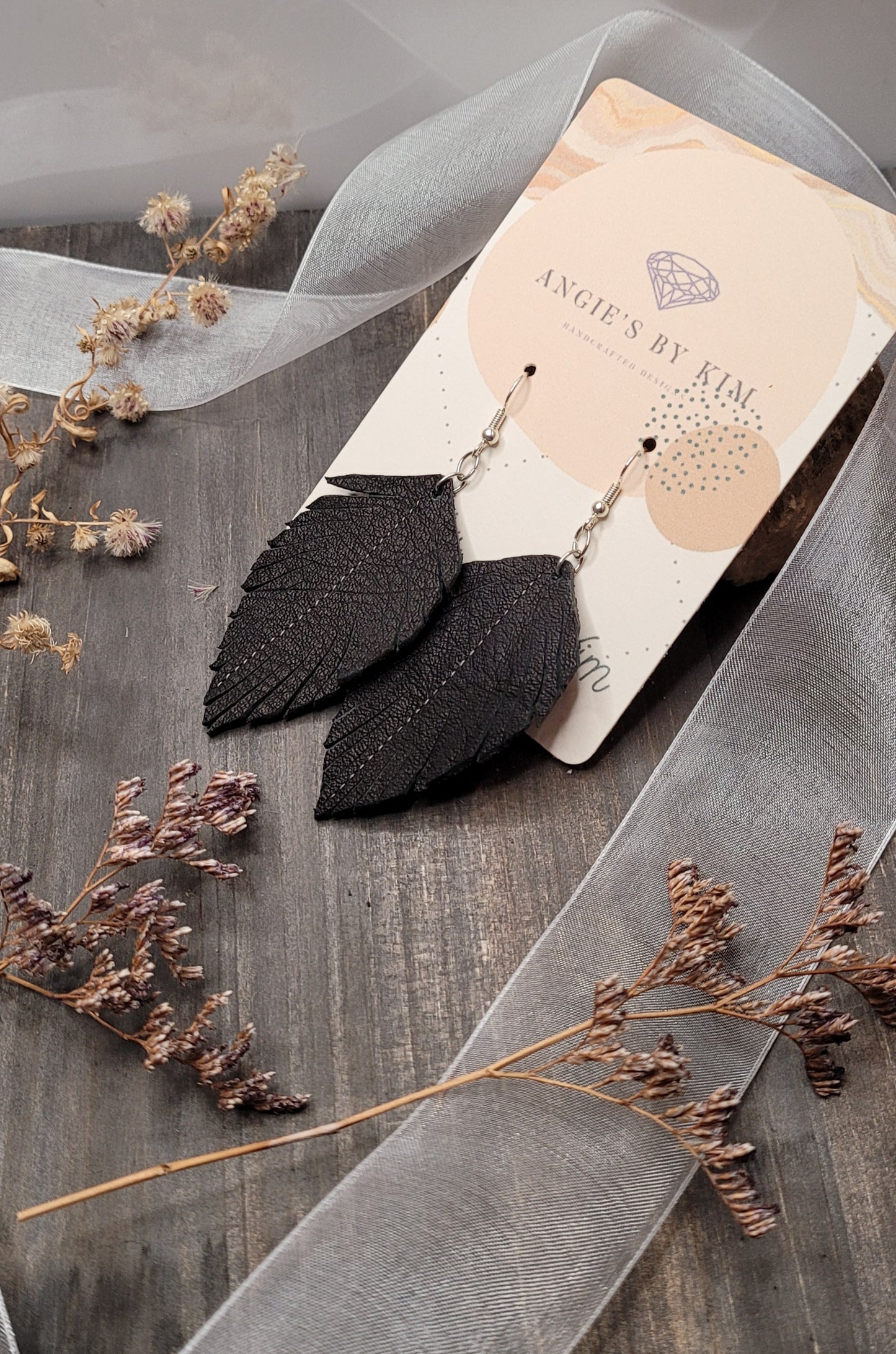 Black Leather Handmade Feather Earrings