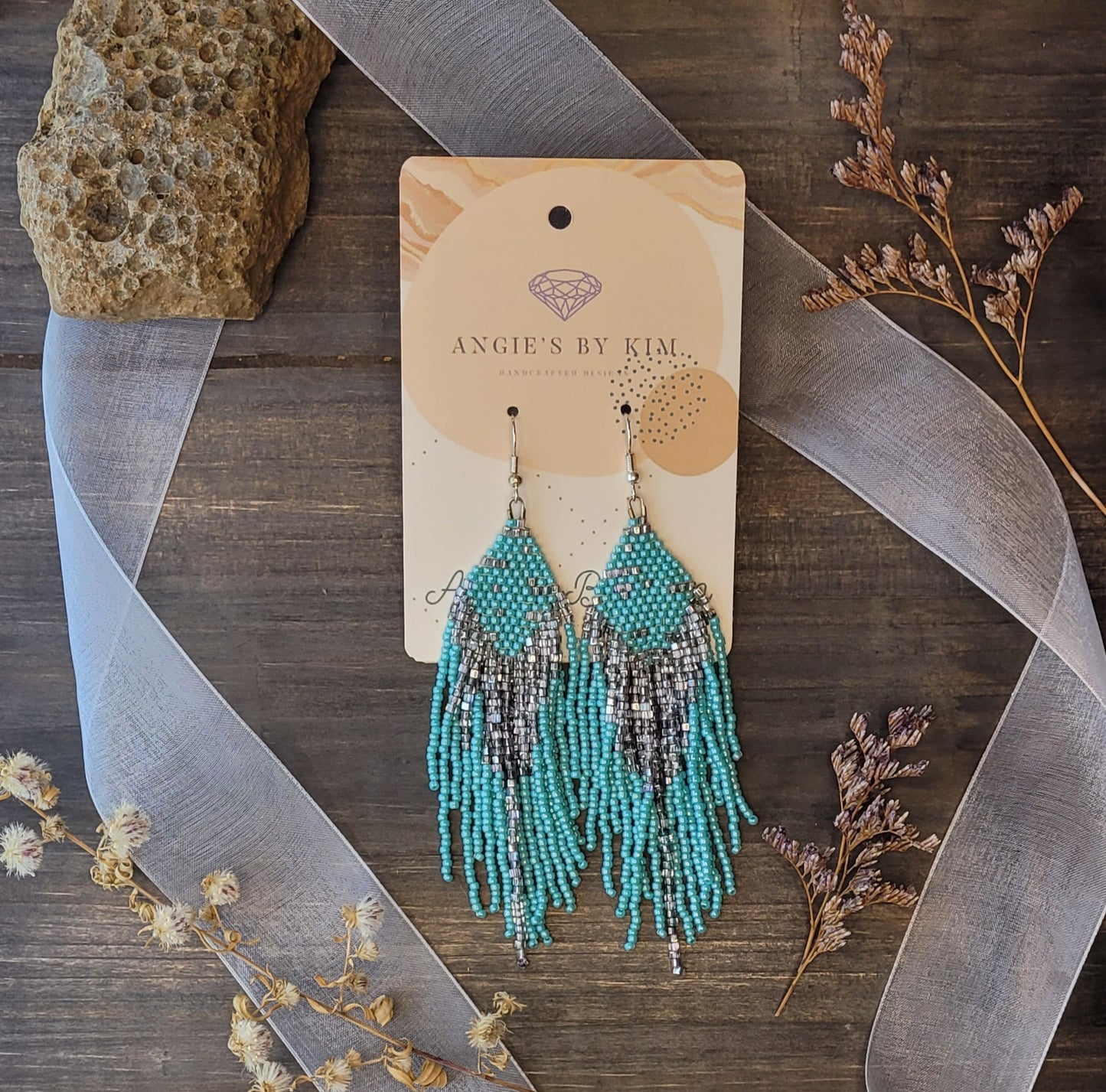 Turquoise and Silver Seed Bead Dangle Earrings