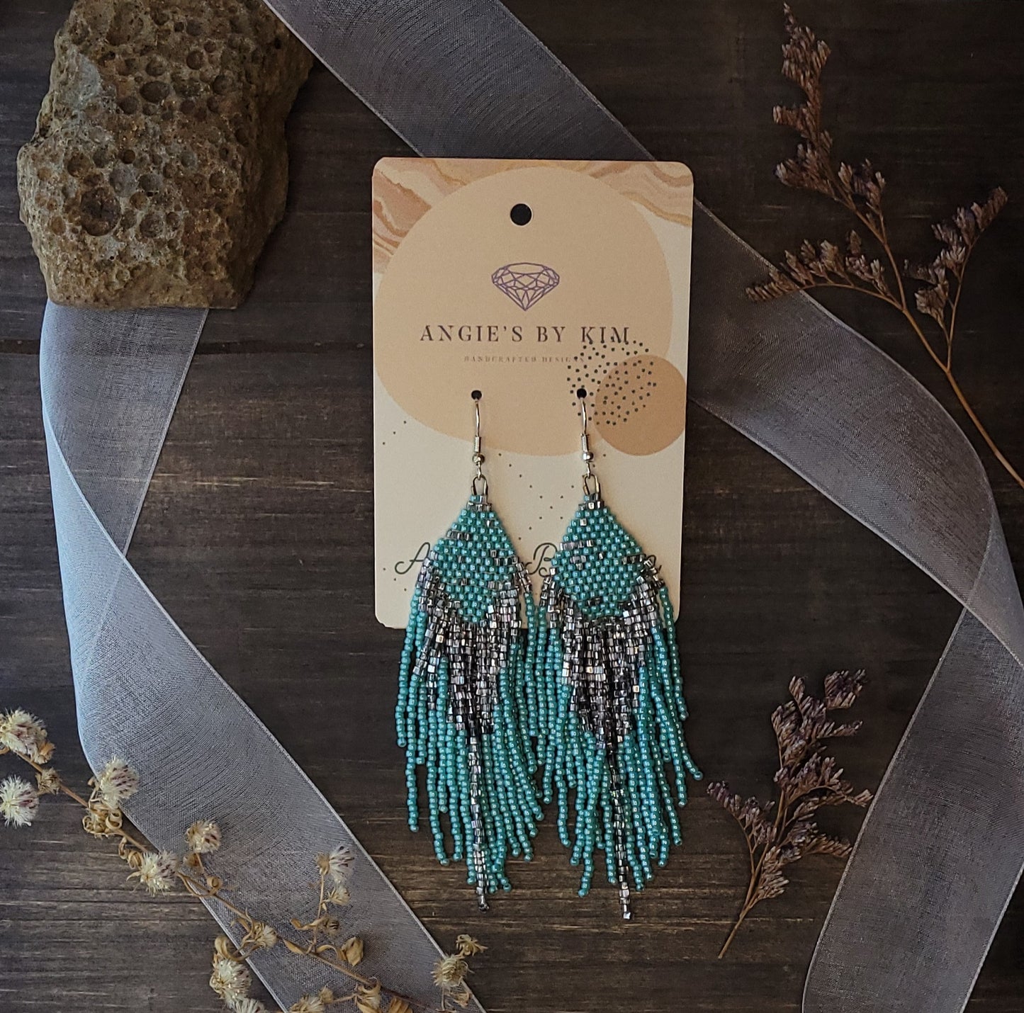 Turquoise and Silver Seed Bead Dangle Earrings