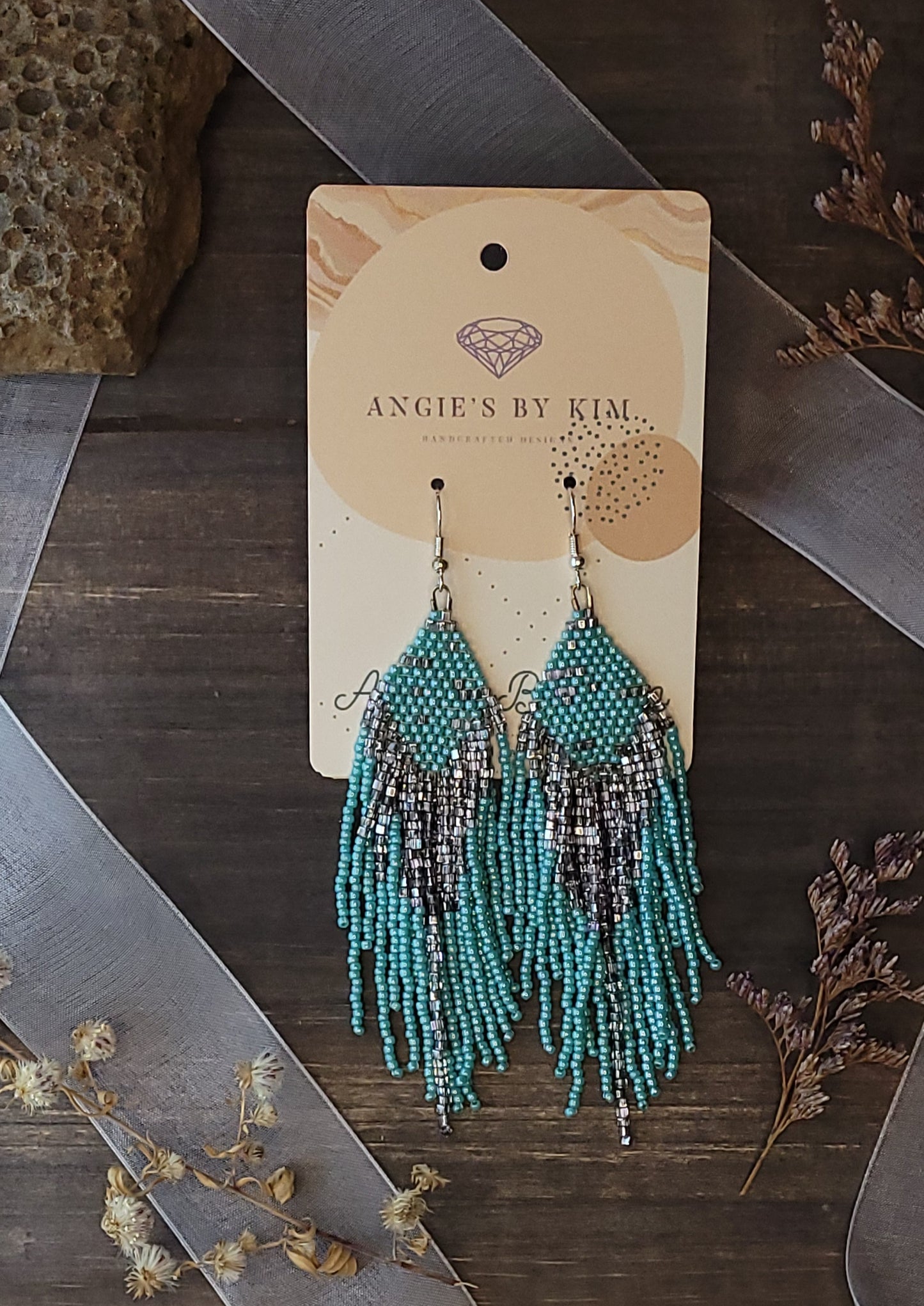 Turquoise and Silver Seed Bead Dangle Earrings