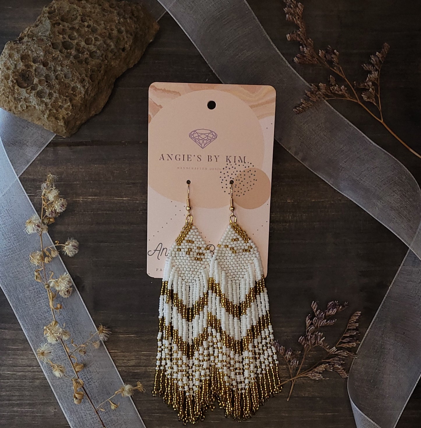 White and Gold Fringe Earrings in Native Style