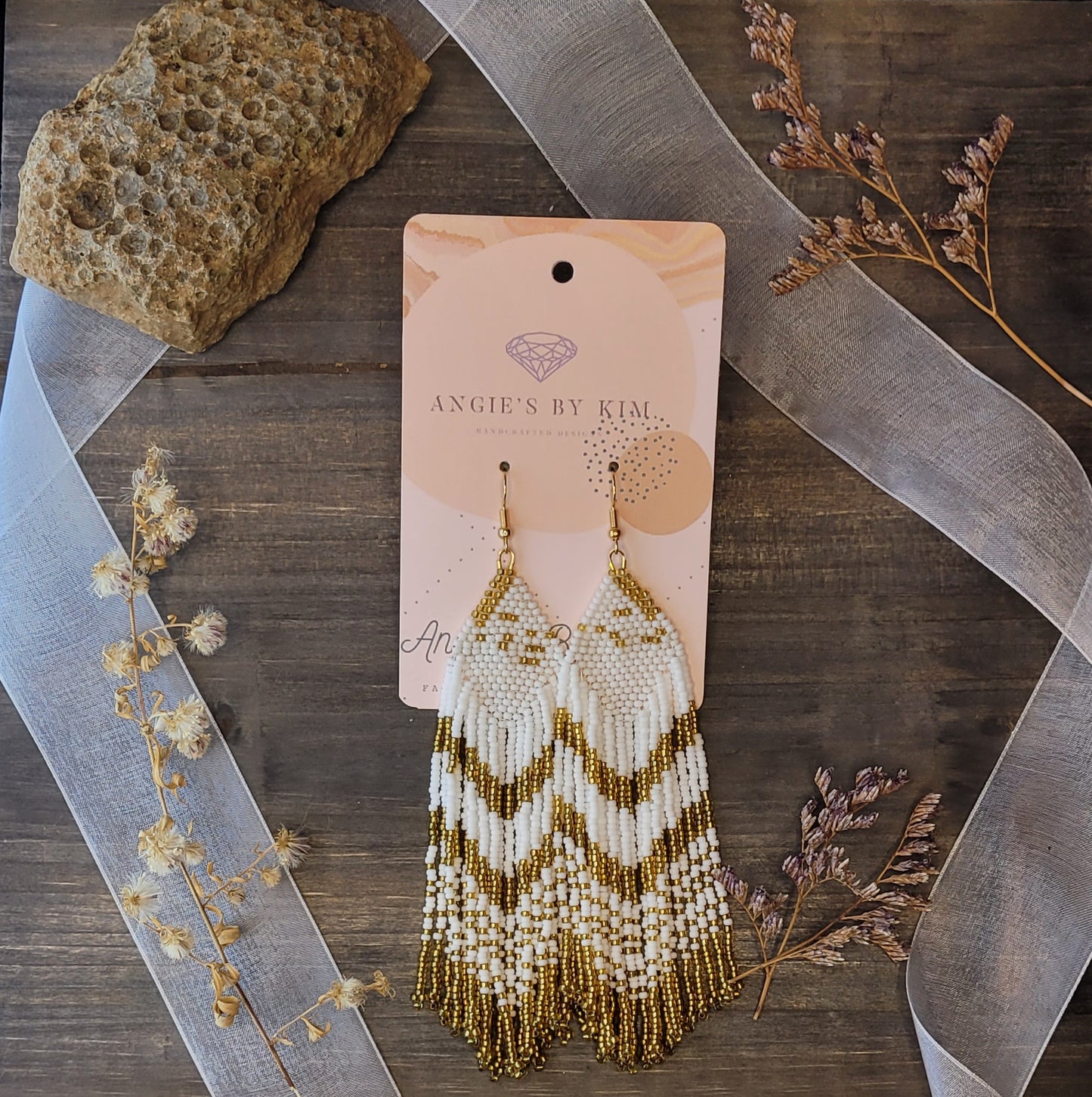 White and Gold Fringe Earrings in Native Style