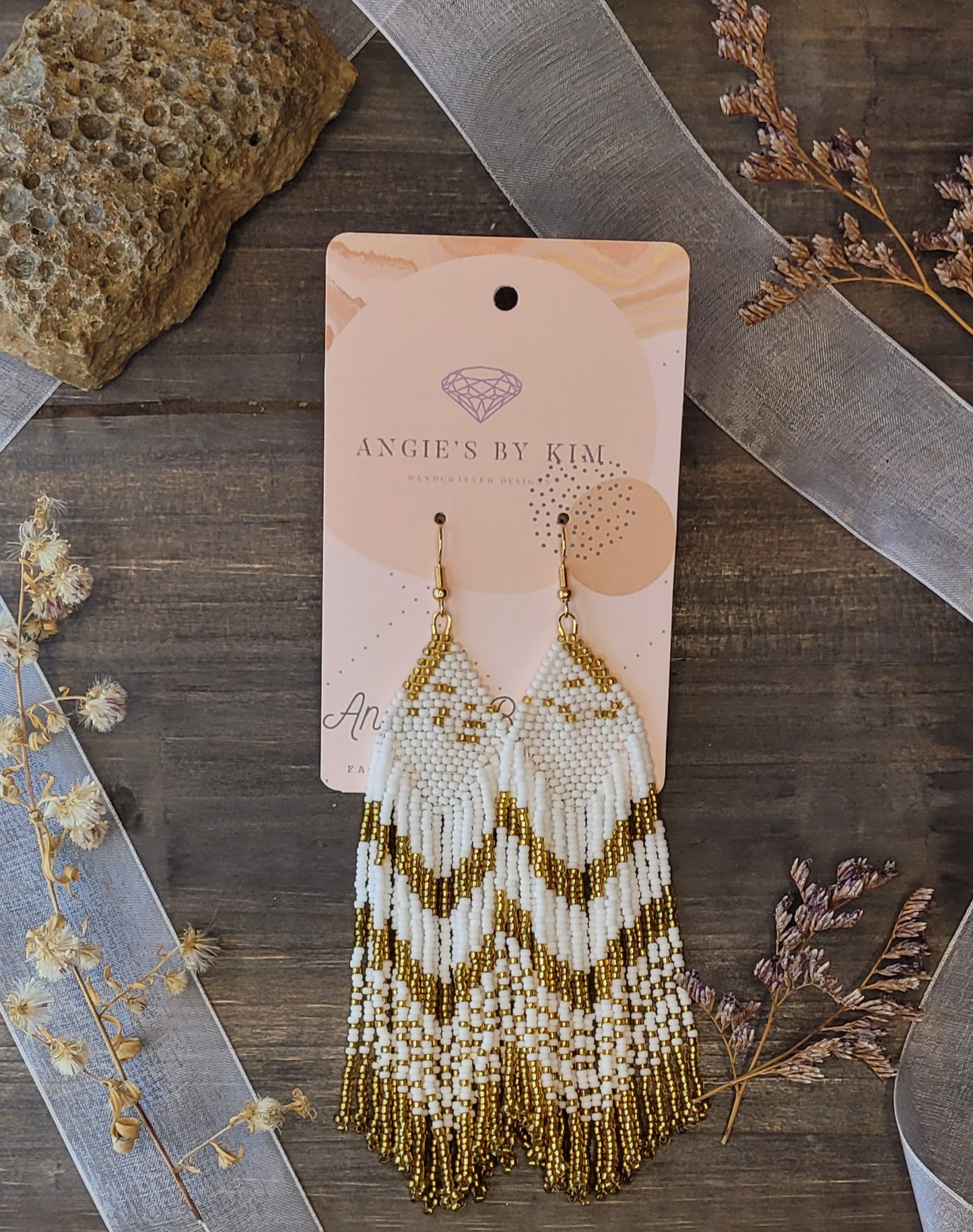 White and Gold Fringe Earrings in Native Style