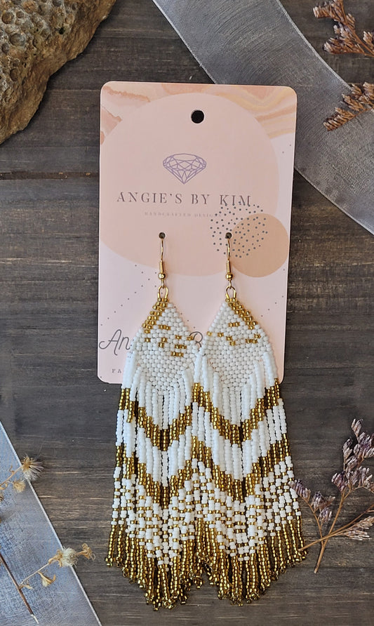 White and Gold Fringe Earrings in Native Style