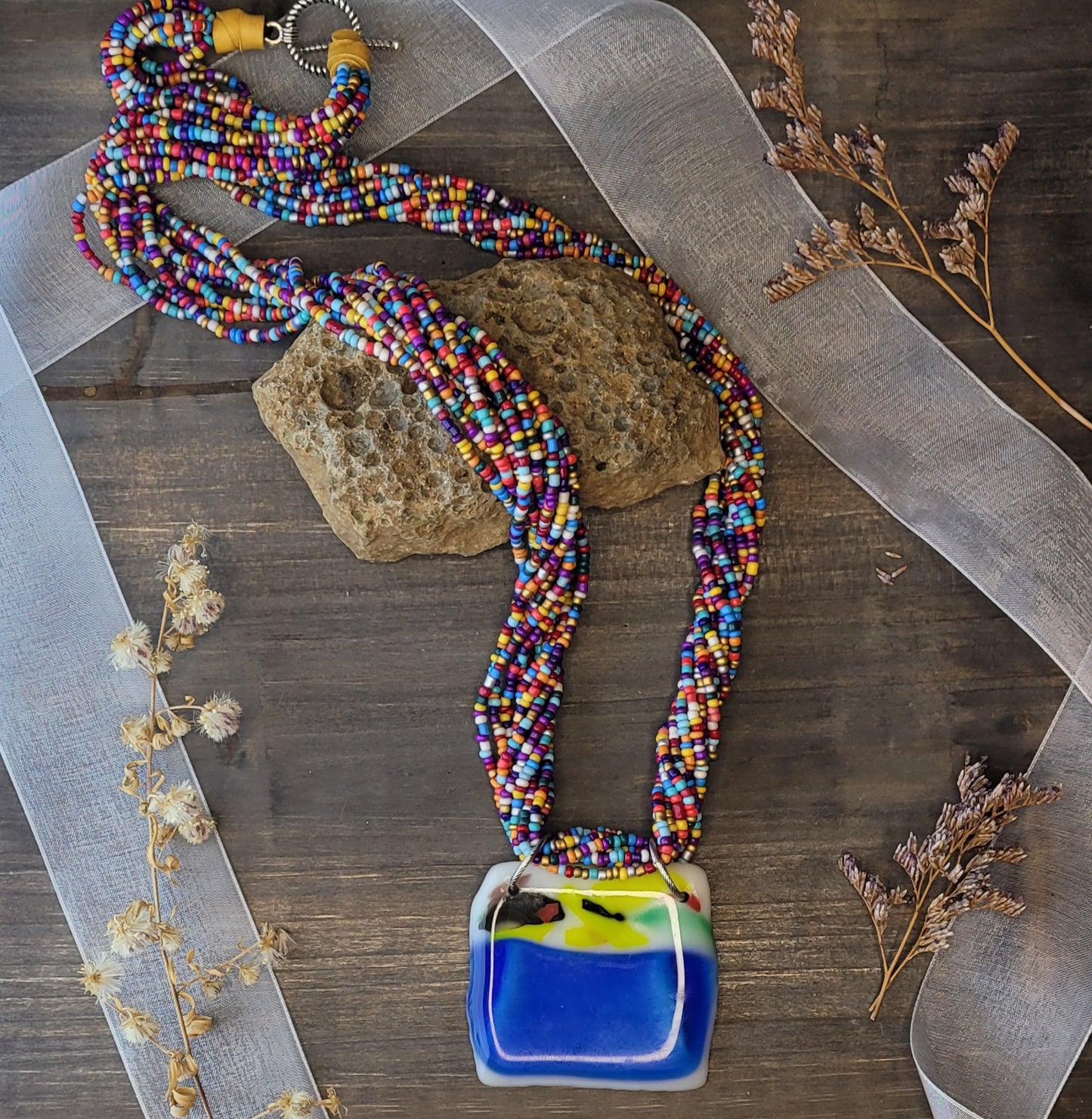 Fusion Glass Pendant and Hand Beaded Necklace