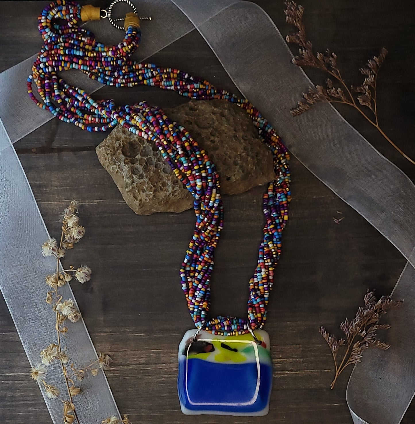 Fusion Glass Pendant and Hand Beaded Necklace