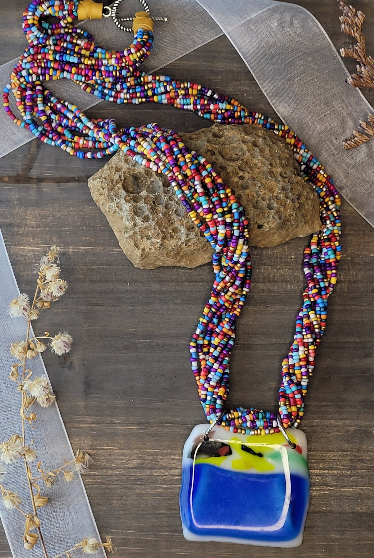 Fusion Glass Pendant and Hand Beaded Necklace