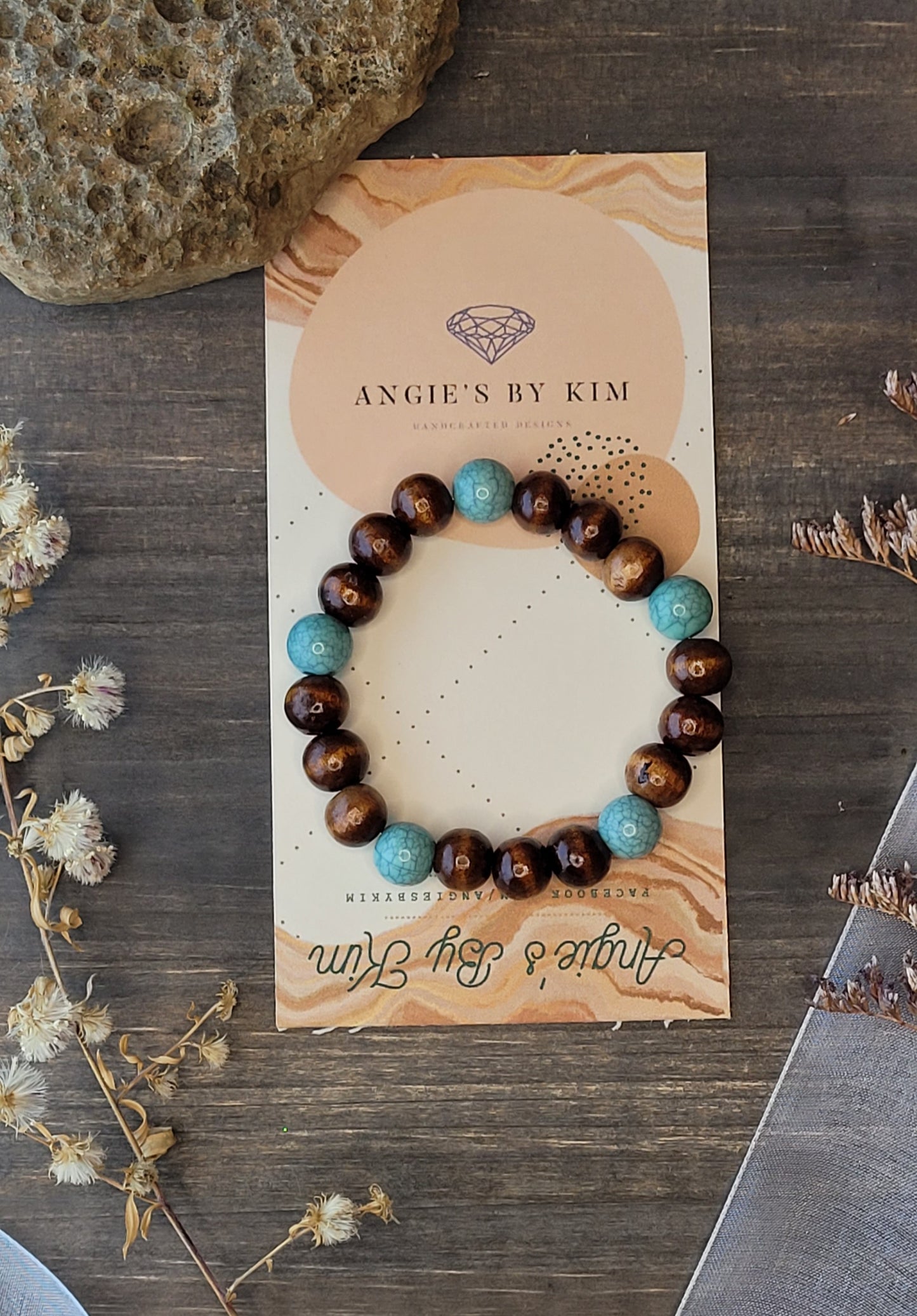 Unisex Crackled Aquamarine and Dark Wood Unisex Bracelet