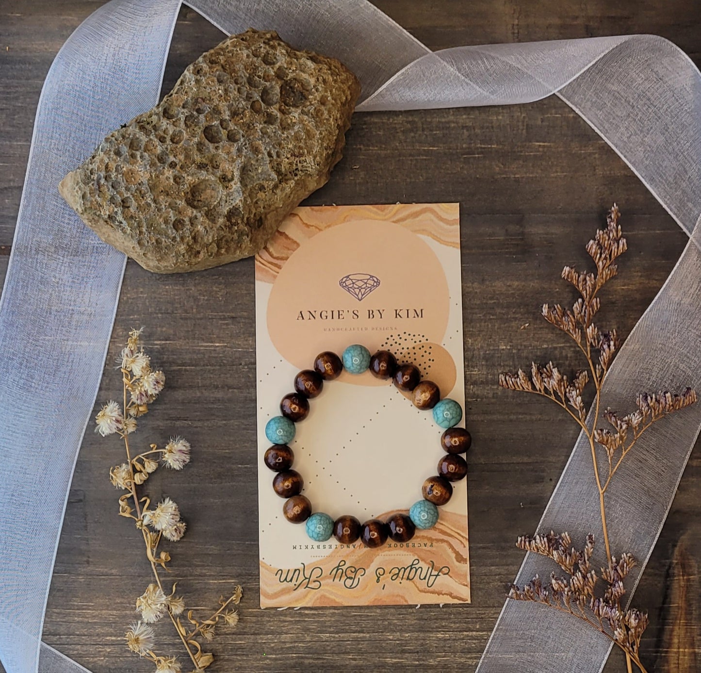 Unisex Crackled Aquamarine and Dark Wood Unisex Bracelet