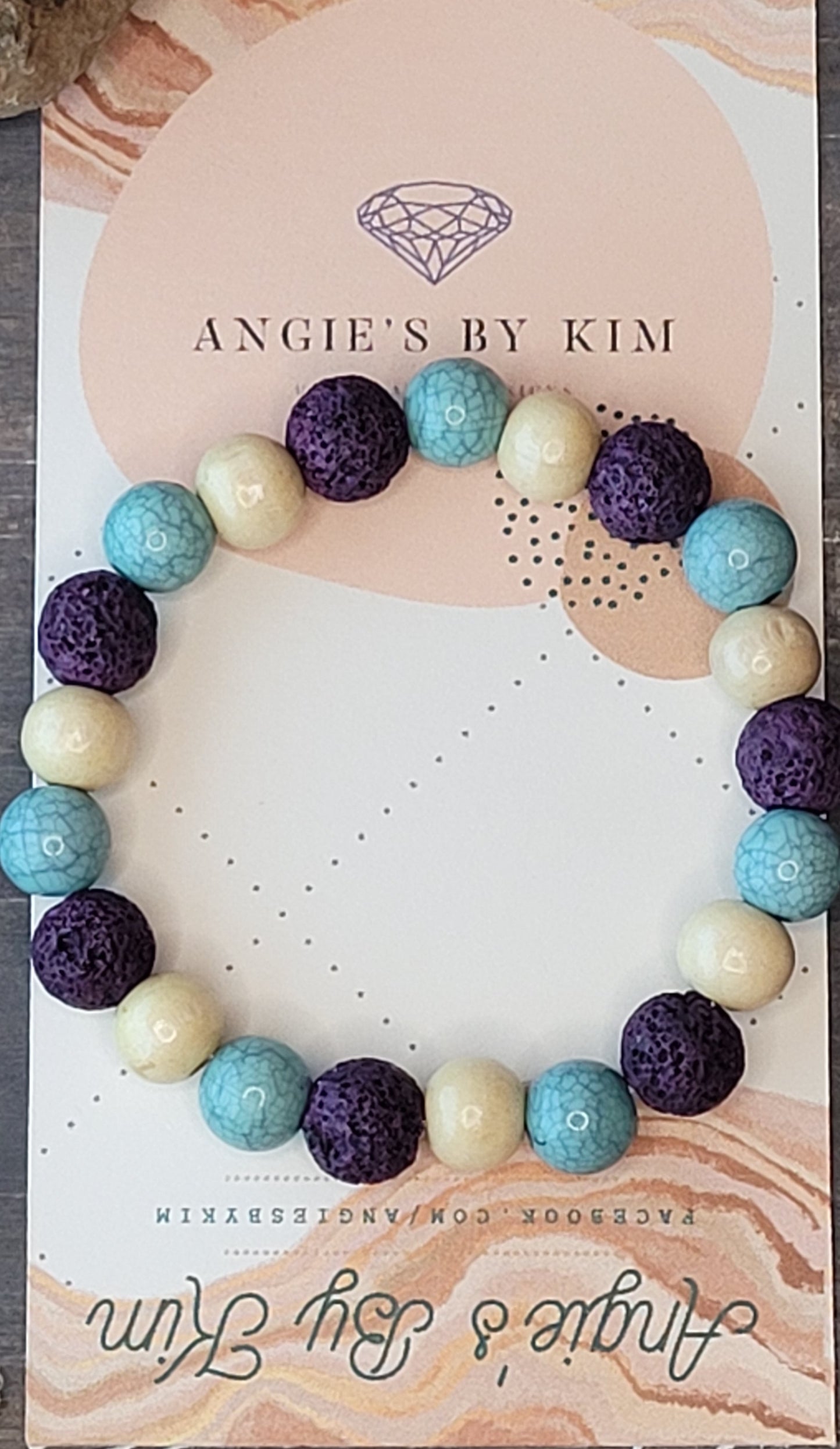 Unisex Violet Lava, White Wood, and Crackled Aqua Beaded Bracelet