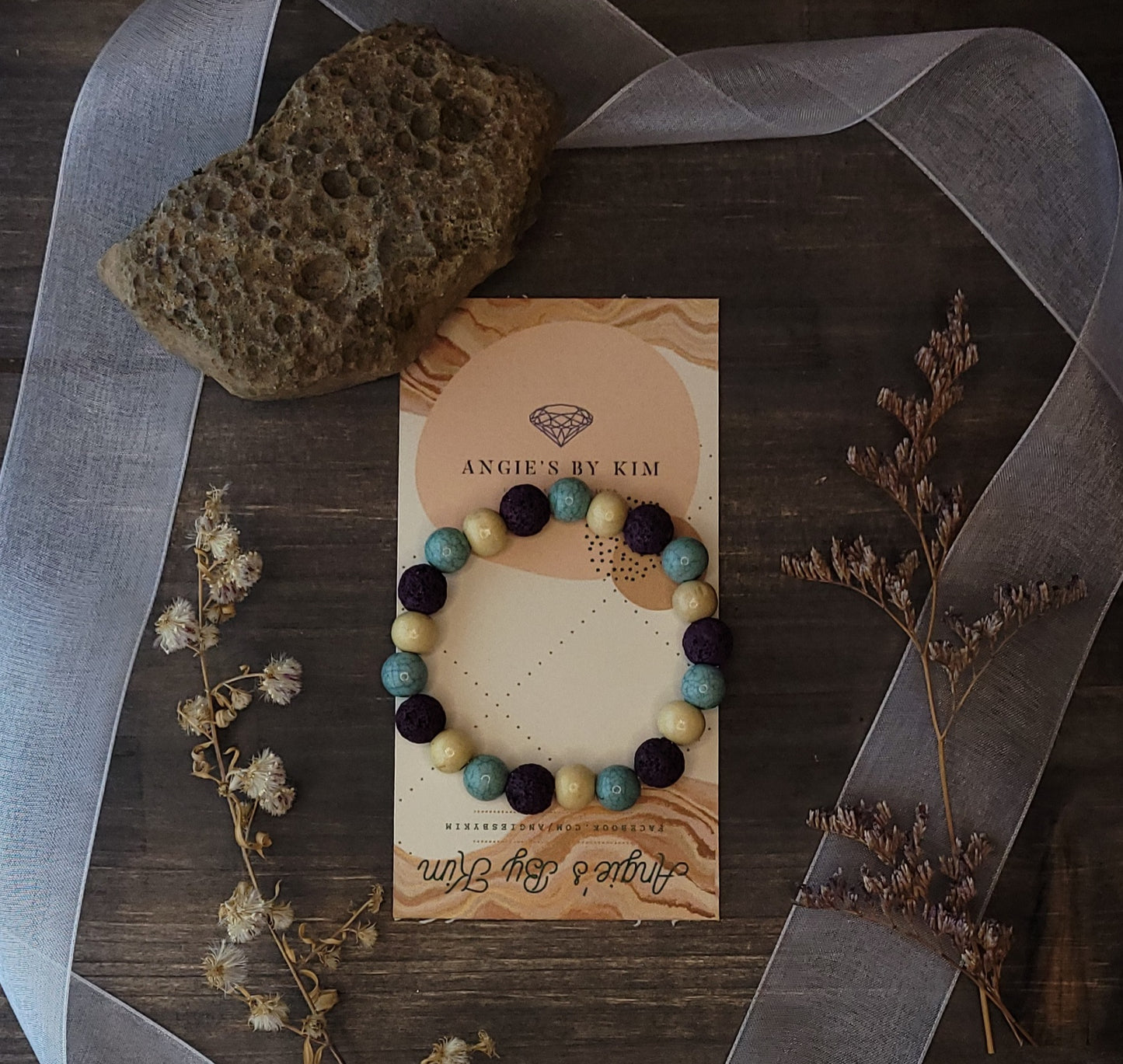 Unisex Violet Lava, White Wood, and Crackled Aqua Beaded Bracelet