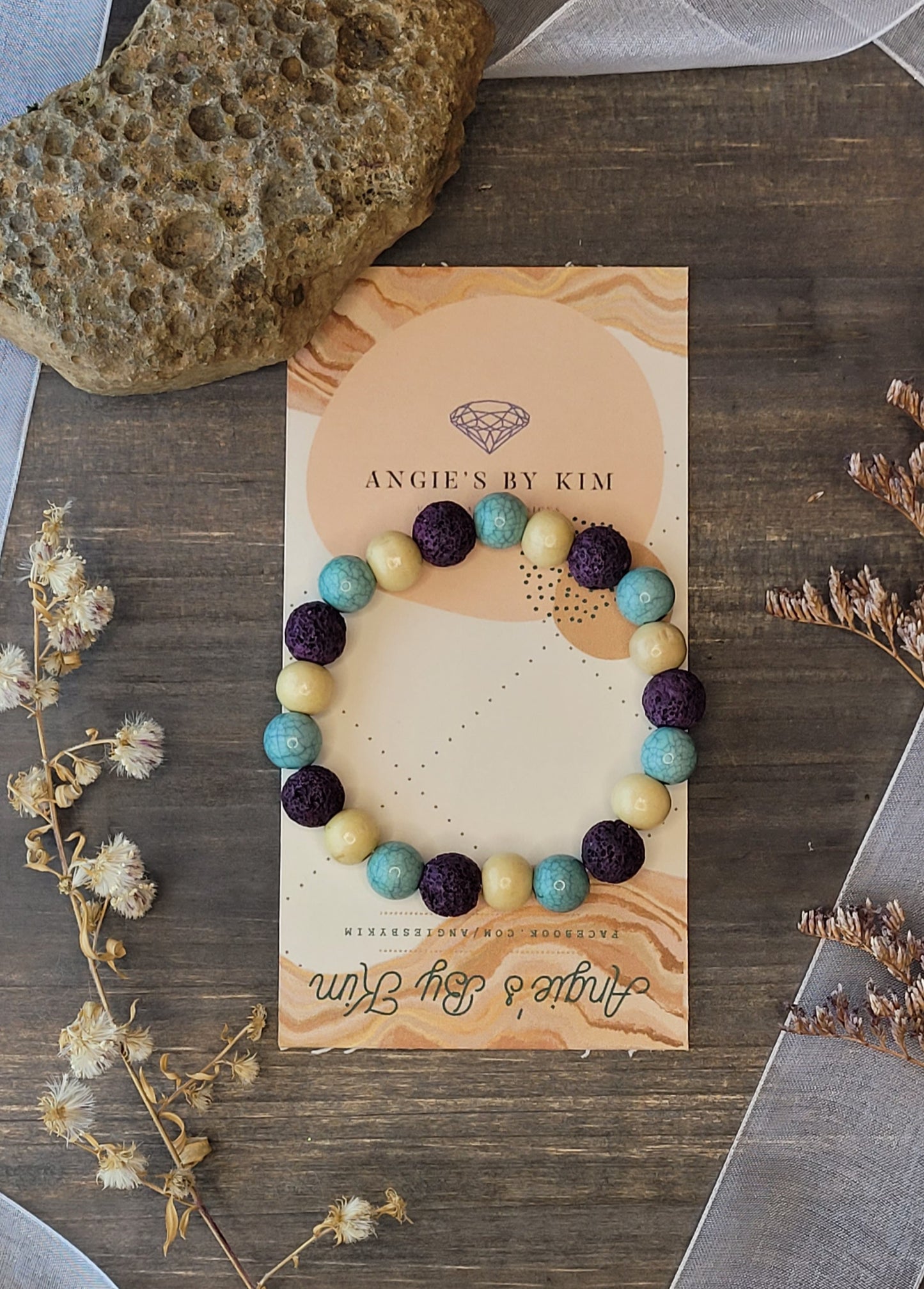 Unisex Violet Lava, White Wood, and Crackled Aqua Beaded Bracelet