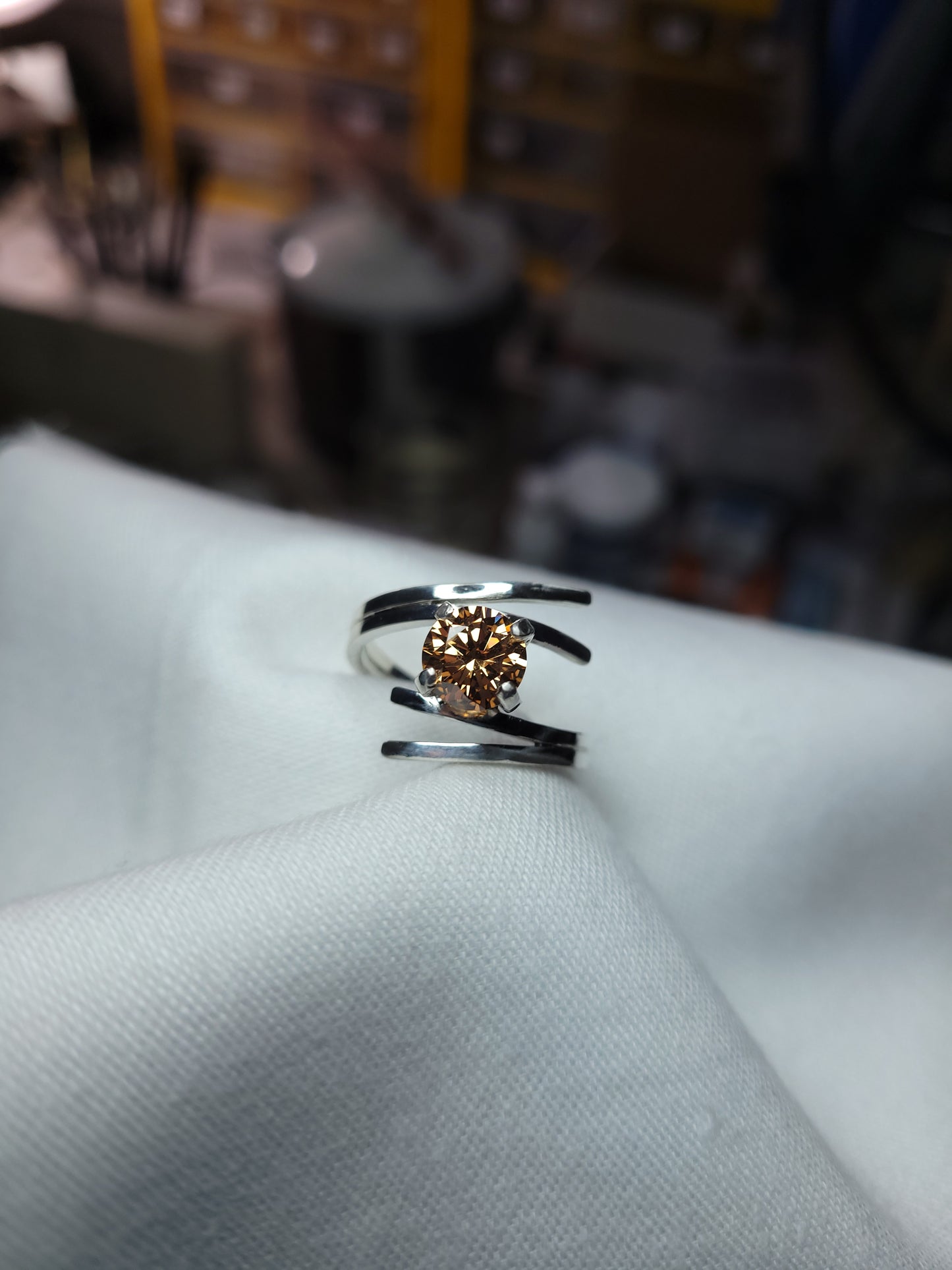 Custom Made Argentium Silver and 8mm Round Champaign CZ